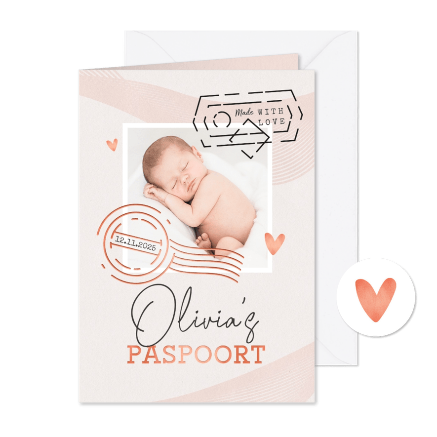 Geboortekaartje roze paspoort made with love stempels - Kaartimpressie