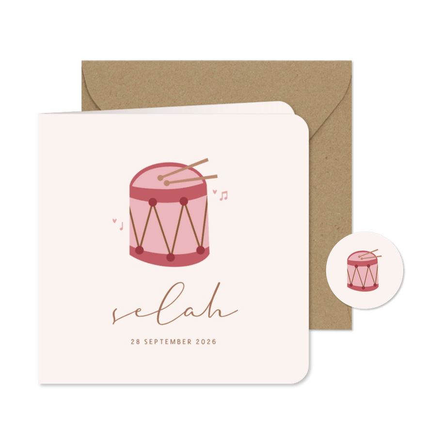 Geboortekaartje roze trommel stokjes muzieknootjes - Kaartimpressie