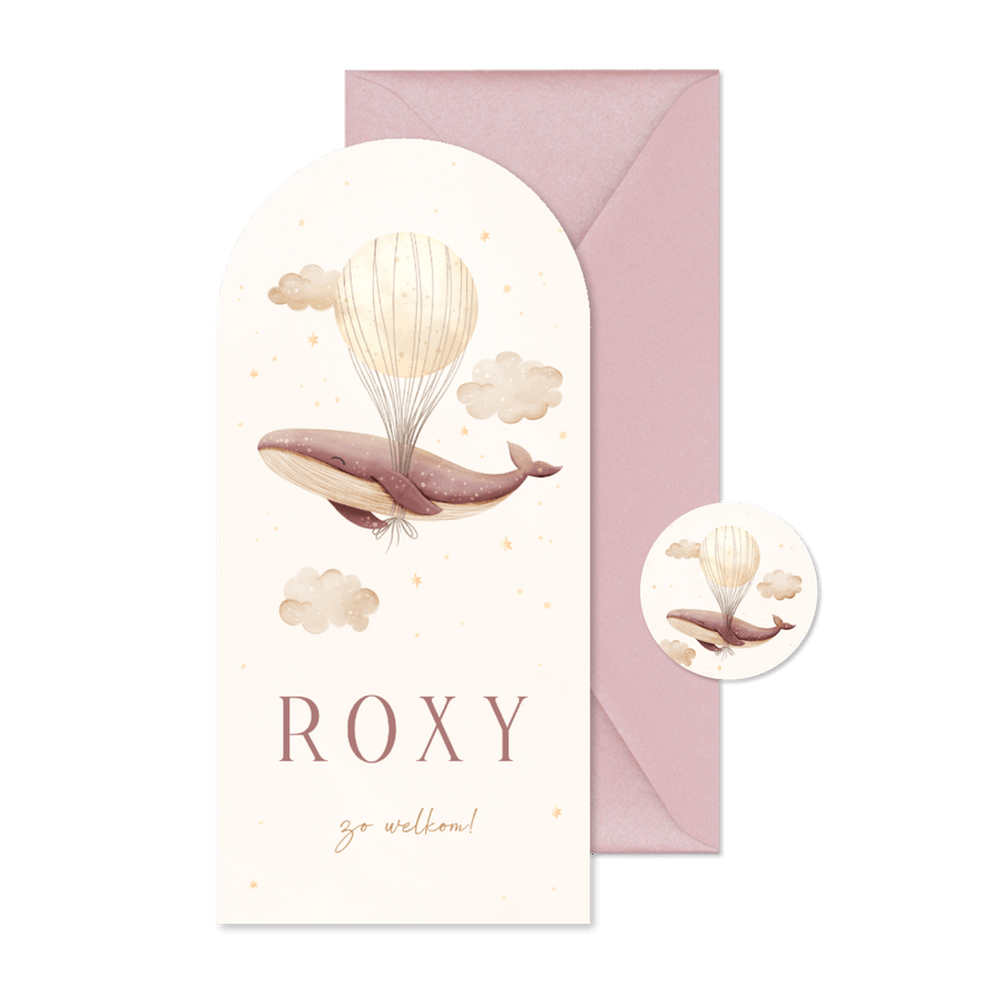 Geboortekaartje roze walvis boog met sterren en maan - Kaartimpressie