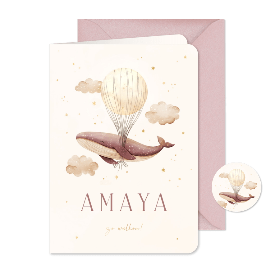Geboortekaartje roze walvis met maan en foliedruk sterren - Kaartimpressie