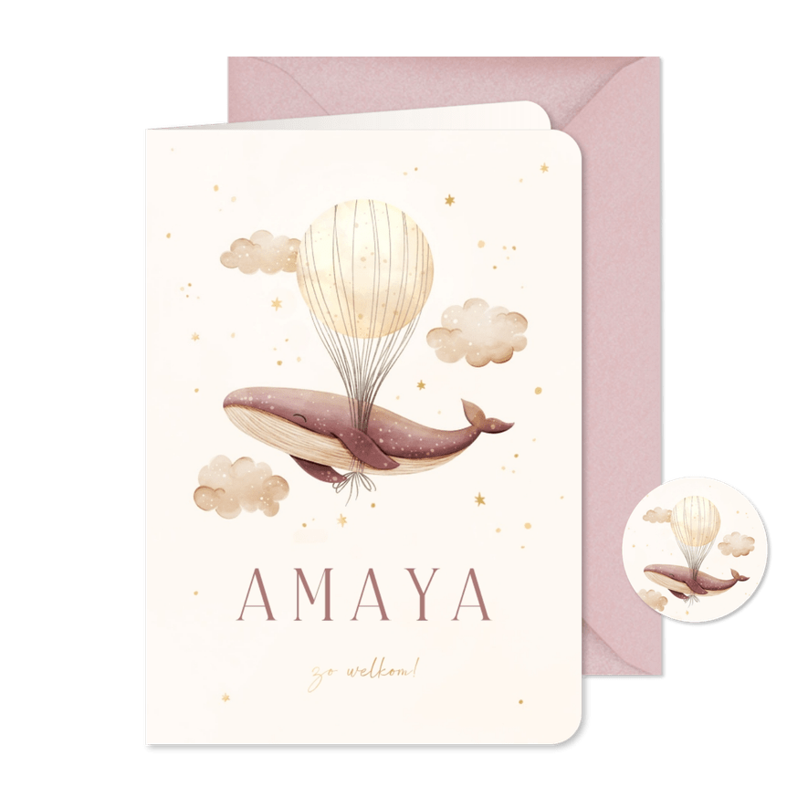 Geboortekaartje roze walvis met maan en foliedruk sterren - Kaartimpressie