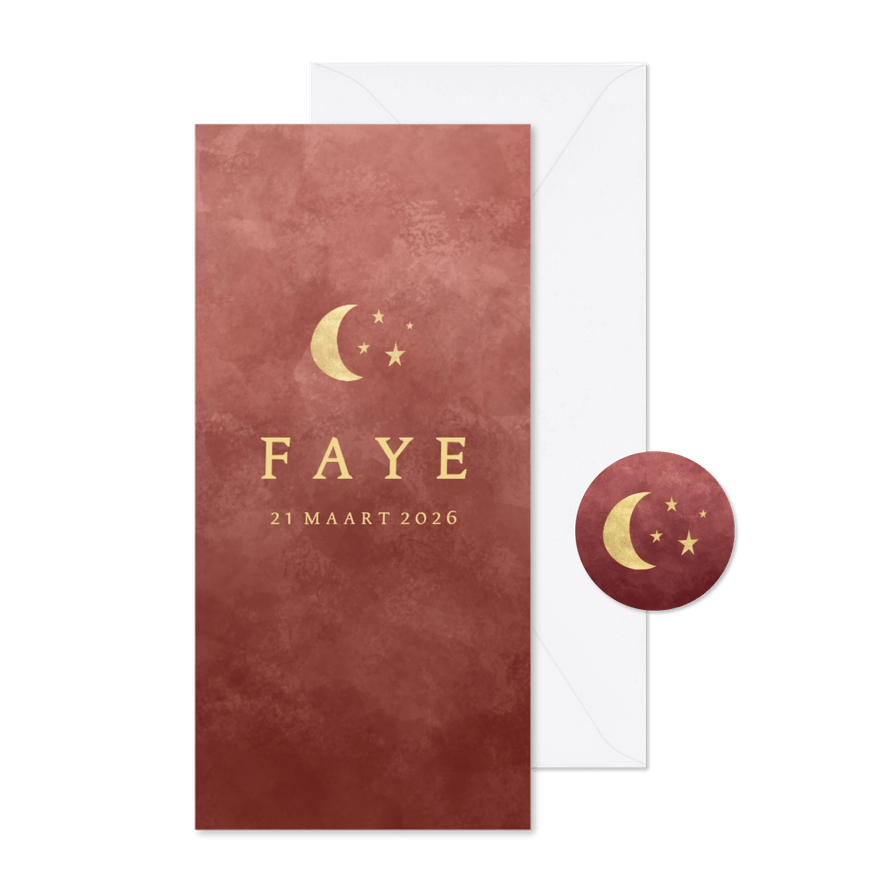 Geboortekaartje roze waterverf met sterren en maantje - Kaartimpressie