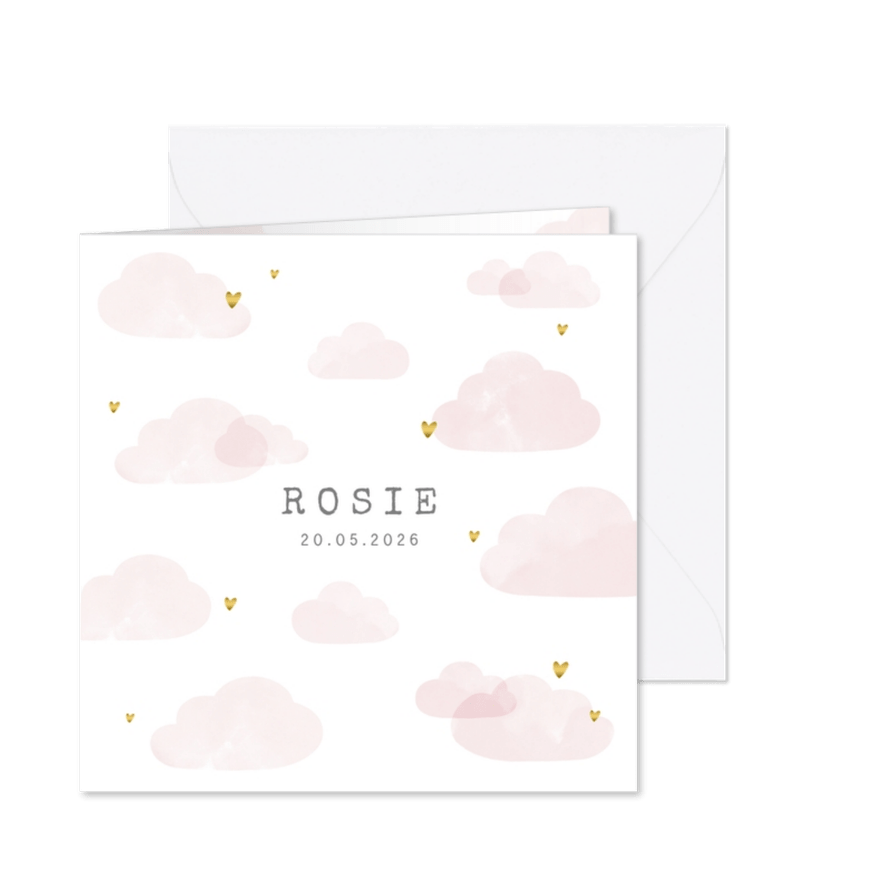 Geboortekaartje roze wolken hartjes goudlook - Kaartimpressie