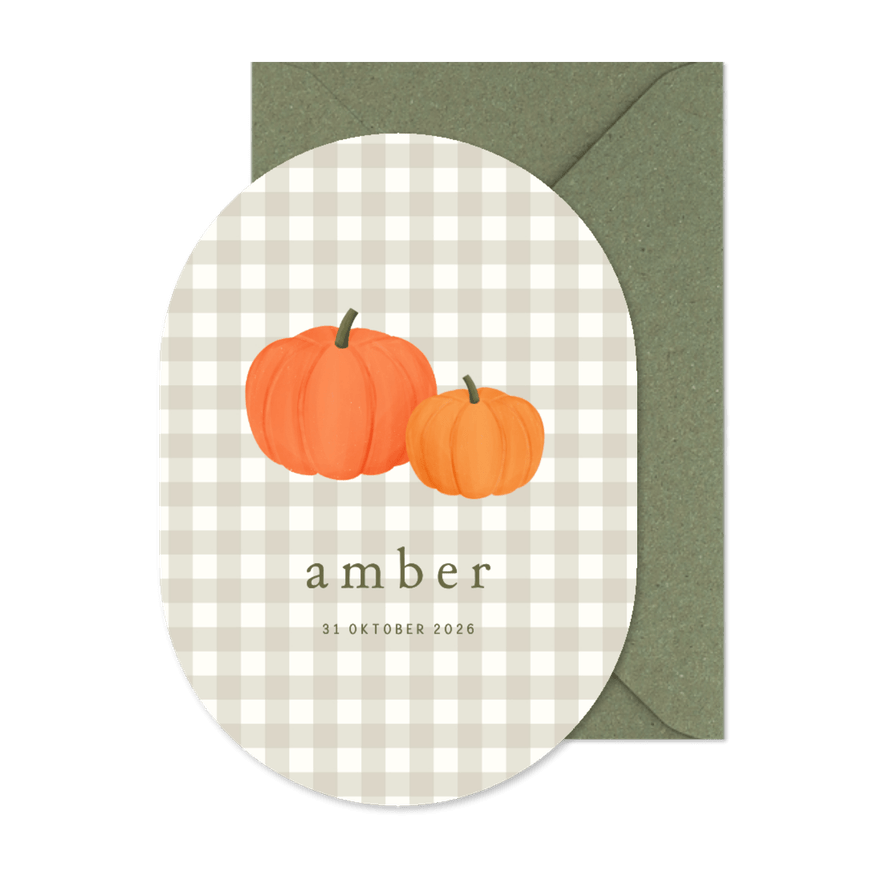 Geboortekaartje ruitjes pompoen herfst ovaal - Kaartimpressie