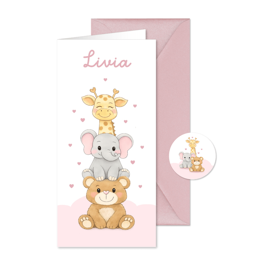 Geboortekaartje safari dieren hartjes lief meisje - Kaartimpressie