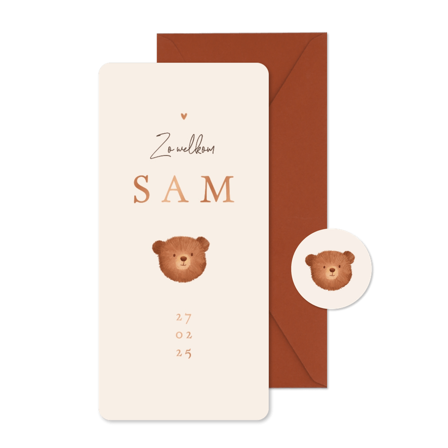 Geboortekaartje schattig beertje stijlvol beige zandkleur - Kaartimpressie