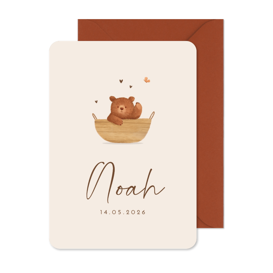 Geboortekaartje schattig beertje unisex hartjes beige - Kaartimpressie