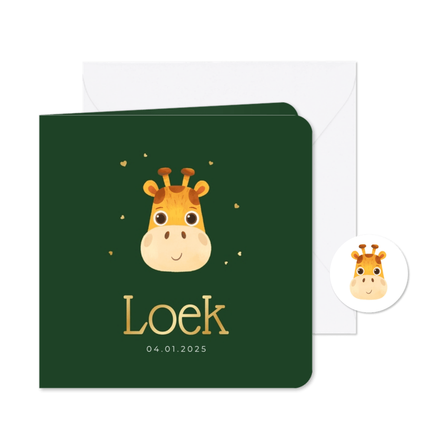 Geboortekaartje schattig giraf hartjes goud - Kaartimpressie