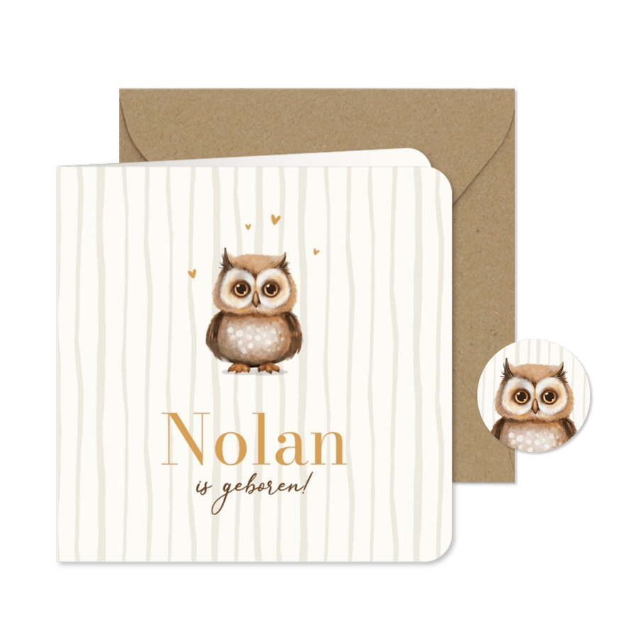 Geboortekaartje schattig uiltje beige lief gestreept - Kaartimpressie