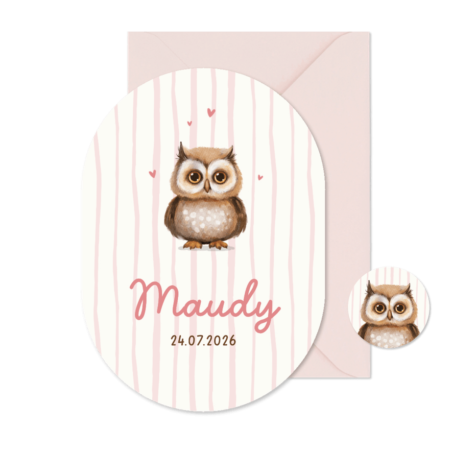 Geboortekaartje schattig uiltje pilvorm gestreept dieren - Kaartimpressie