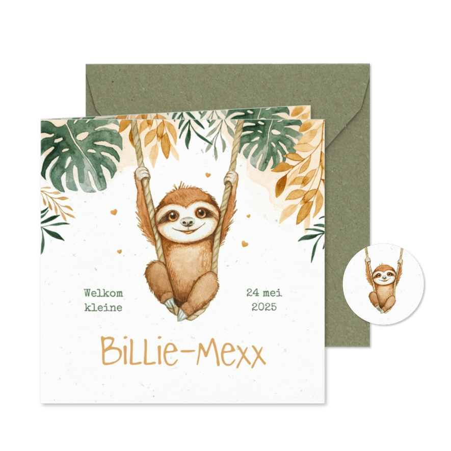 Geboortekaartje schattige luiaard dieren jungle waterverf - Kaartimpressie