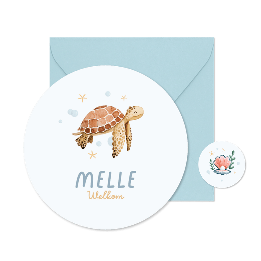 Geboortekaartje schildpad onderwater zee cirkelvorm - Kaartimpressie