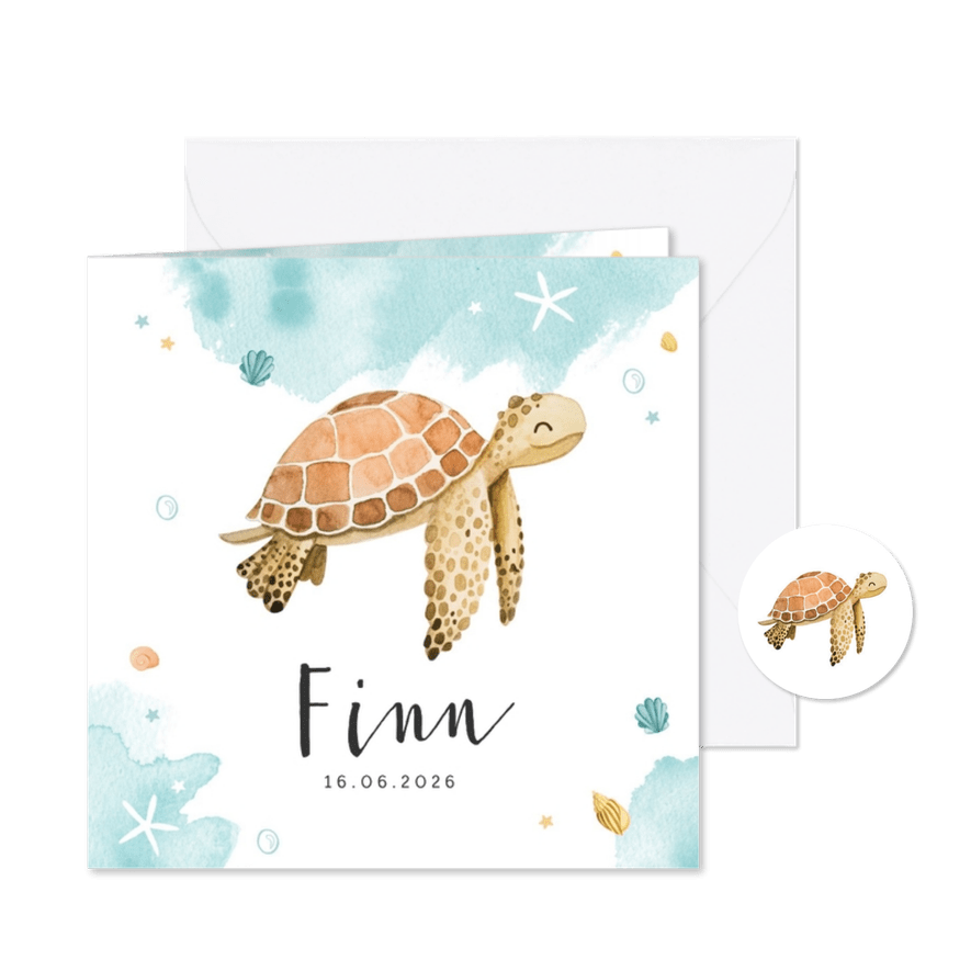 Geboortekaartje schildpad waterverf lief zeesterren krab - Kaartimpressie
