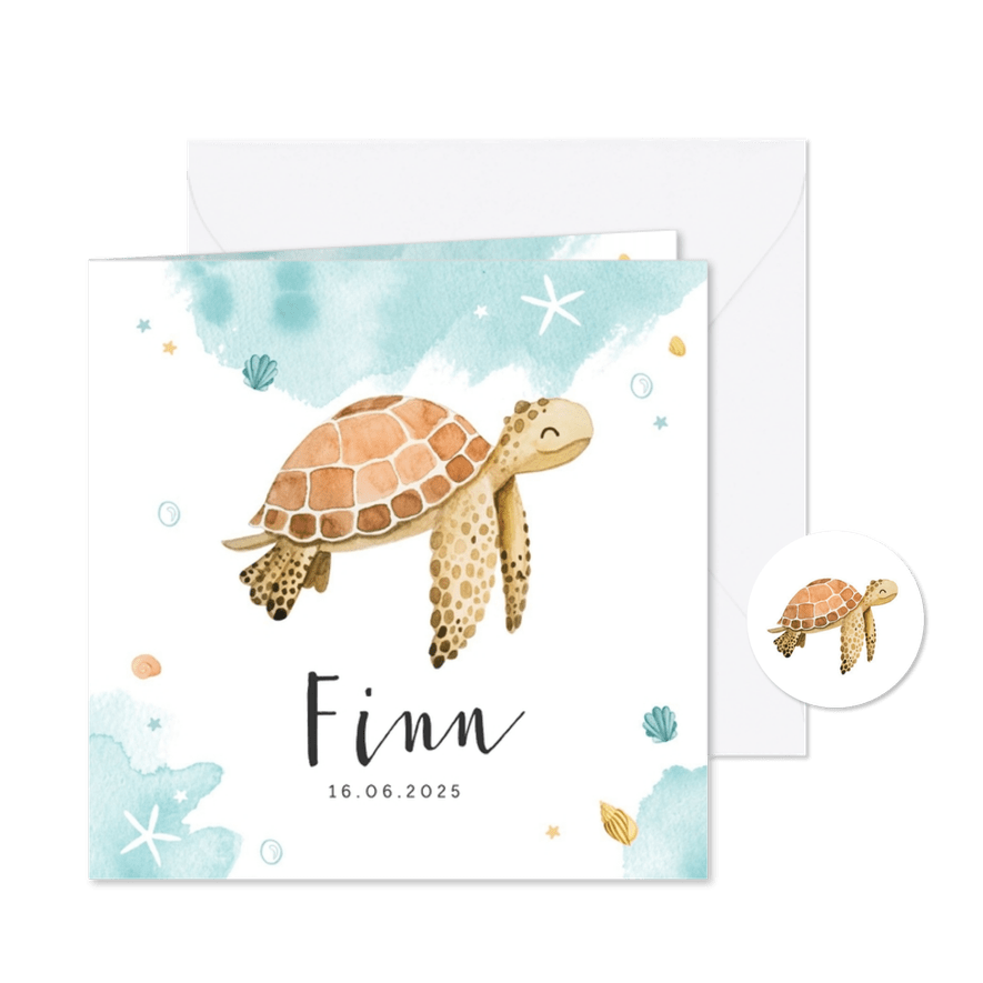 Geboortekaartje schildpad waterverf lief zeesterren krab - Kaartimpressie