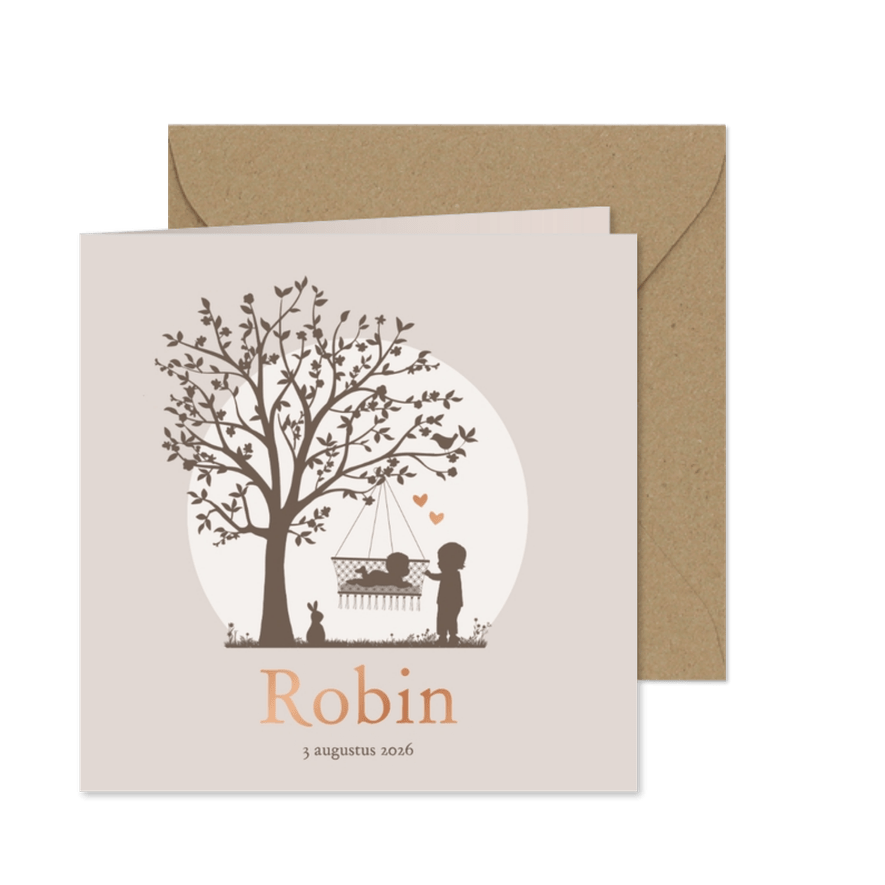 Geboortekaartje silhouet baby in hangschommel en broertje - Kaartimpressie