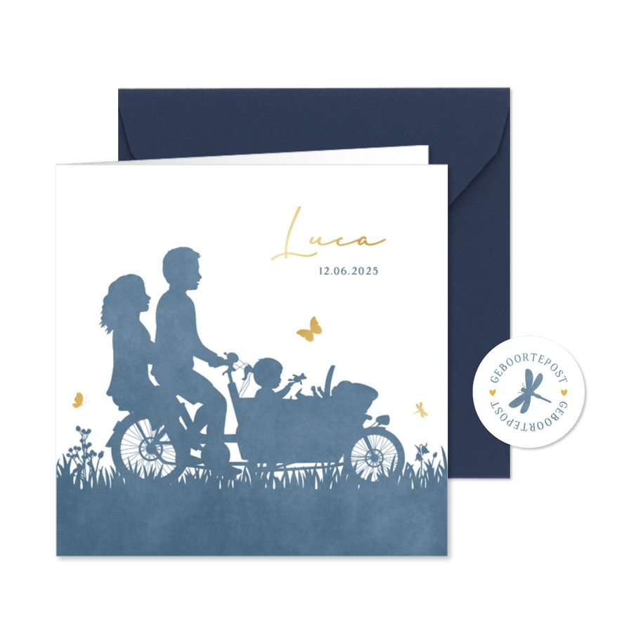 Geboortekaartje silhouet bakfiets met grote zus - Kaartimpressie