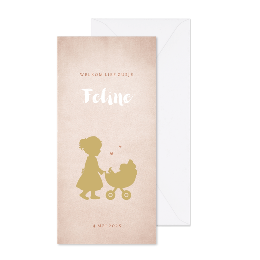 Geboortekaartje silhouet grote zus met kinderwagen - Kaartimpressie
