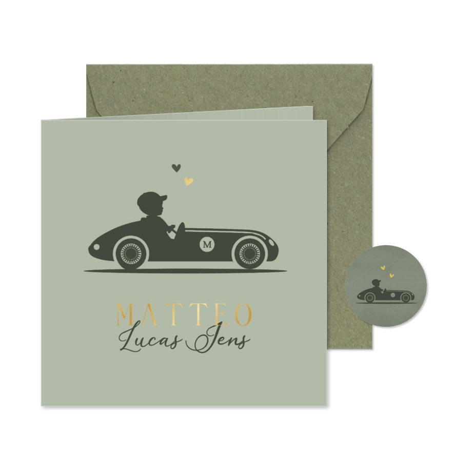 Geboortekaartje silhouet jongen raceauto met baby jongen - Kaartimpressie