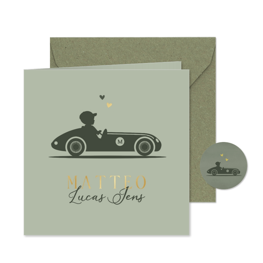 Geboortekaartje silhouet jongen raceauto met baby jongen - Kaartimpressie