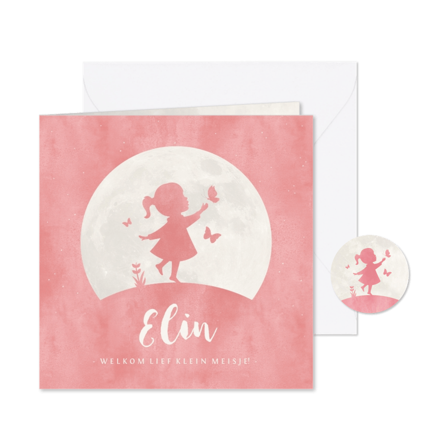 Geboortekaartje silhouet meisje met vlinders en maan - Kaartimpressie