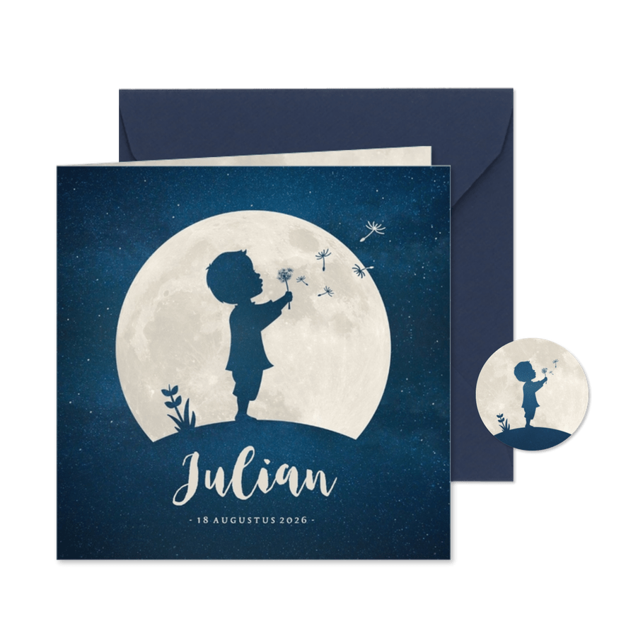 Geboortekaartje silhouet van jongen met paardebloem in maan - Kaartimpressie