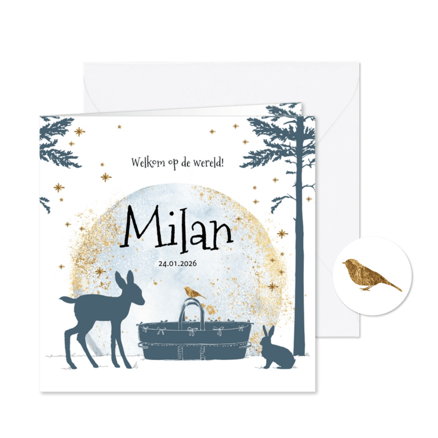 Geboortekaartje silhouet winter bosdieren mandje goudlook - Kaartimpressie
