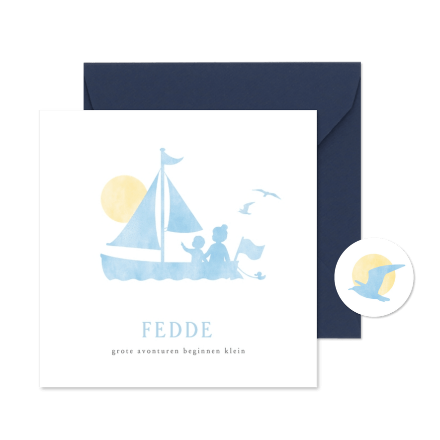 Geboortekaartje silhouet zus en broertje in zeilboot - Kaartimpressie