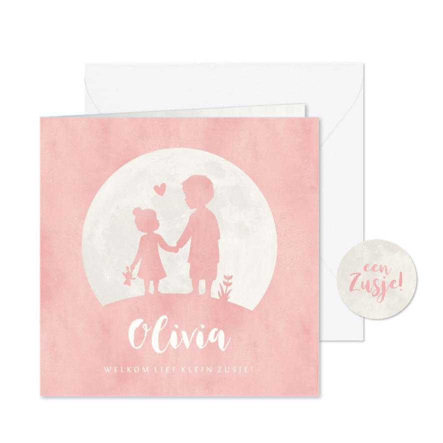 Geboortekaartje silhouet zusje hand in hand met grote broer - Kaartimpressie