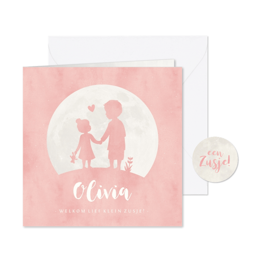 Geboortekaartje silhouet zusje hand in hand met grote broer - Kaartimpressie