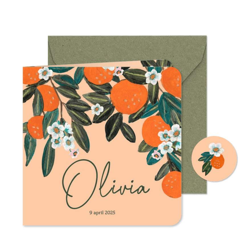 Geboortekaartje sinaasappels met bloesem - Kaartimpressie