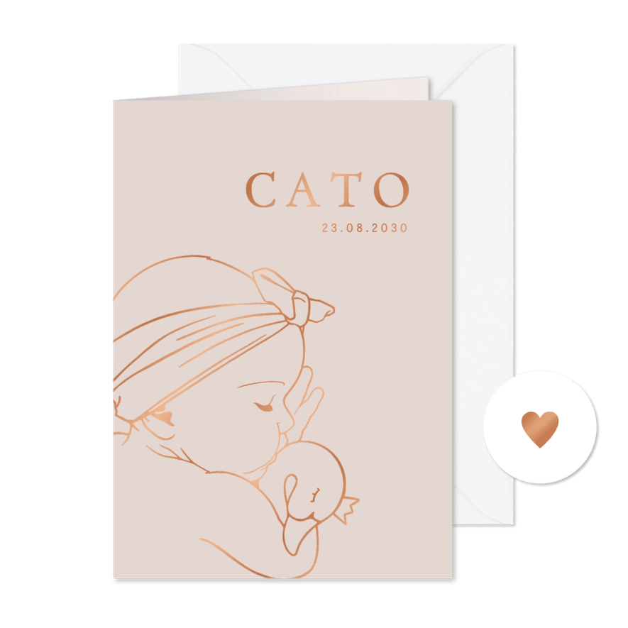 Geboortekaartje slapend meisje met knuffelzwaan – koperfolie - Kaartimpressie