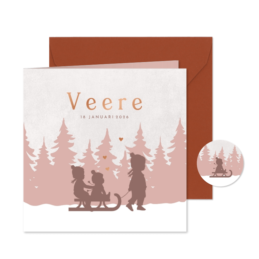 Geboortekaartje slee met drie zusjes - Kaartimpressie