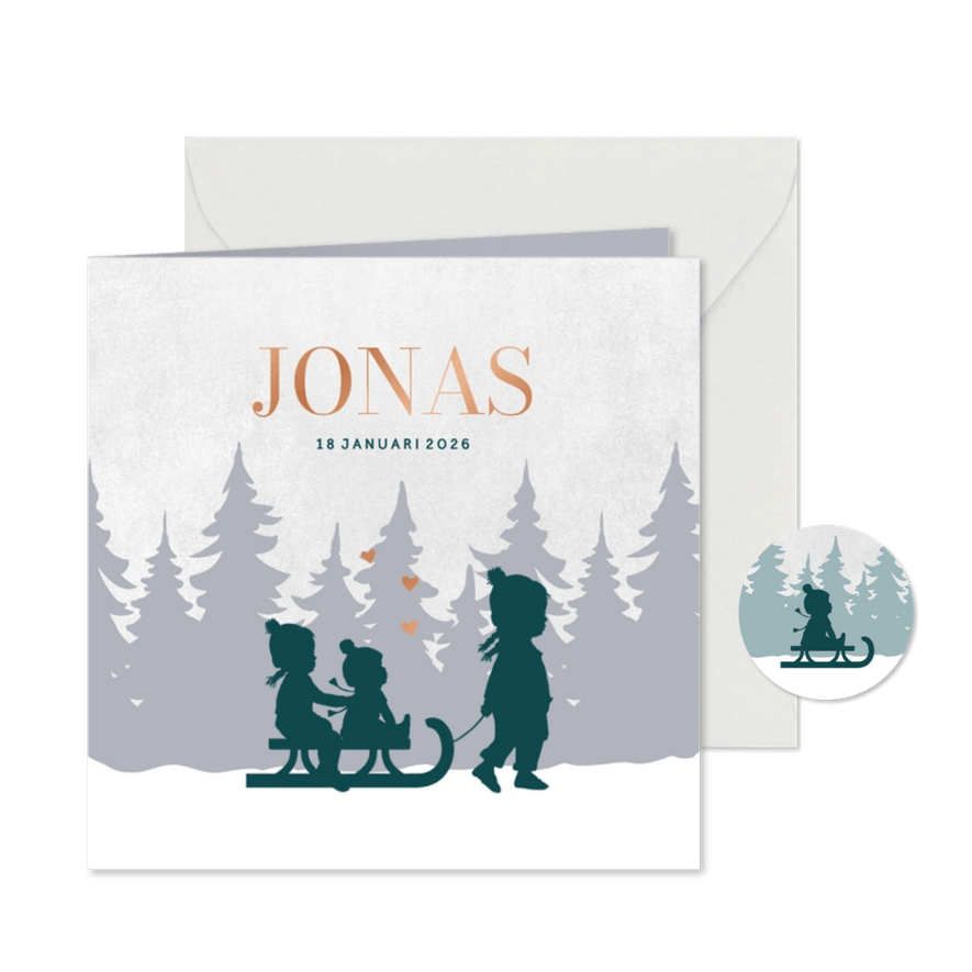 Geboortekaartje slee met zusjes en baby jongen - Kaartimpressie