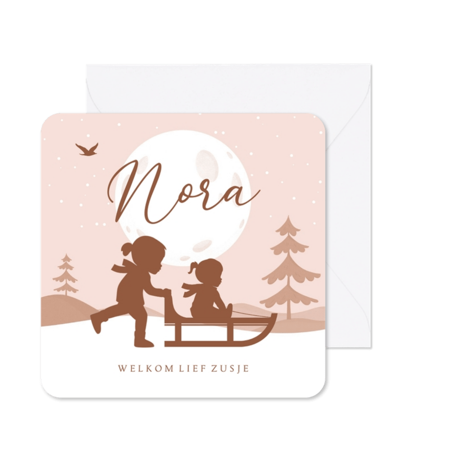 Geboortekaartje slee sneeuw winter silhouet maan zusje - Kaartimpressie