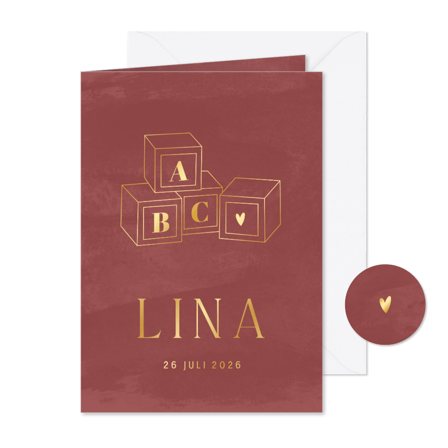 Geboortekaartje speelgoedblokjes lijntekening - Kaartimpressie