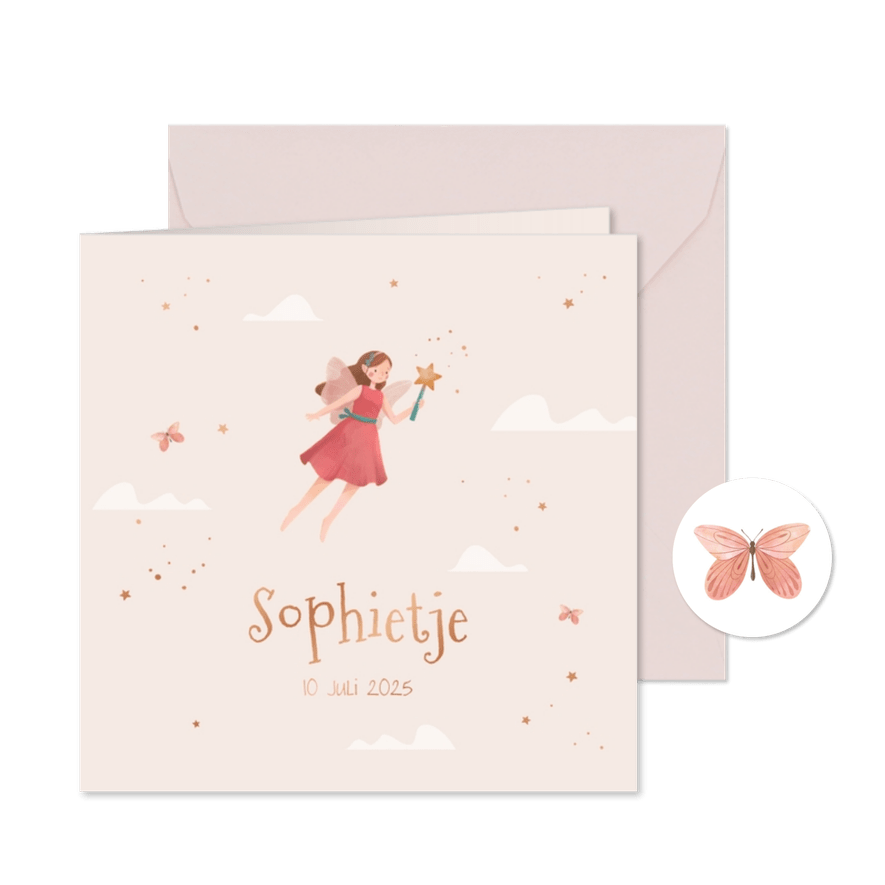 Geboortekaartje sprookje fee wolkjes sterren vlinders - Kaartimpressie