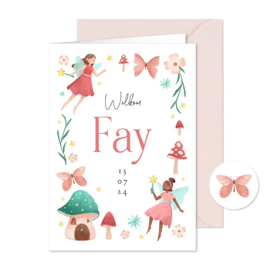 Geboortekaartje sprookje feetjes vlinders paddestoelen bloem - Kaartimpressie