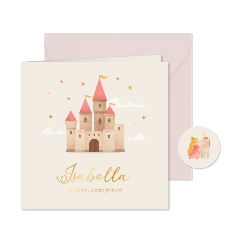 Geboortekaartje sprookjeskasteel wolkjes sterren prinses - Kaartimpressie