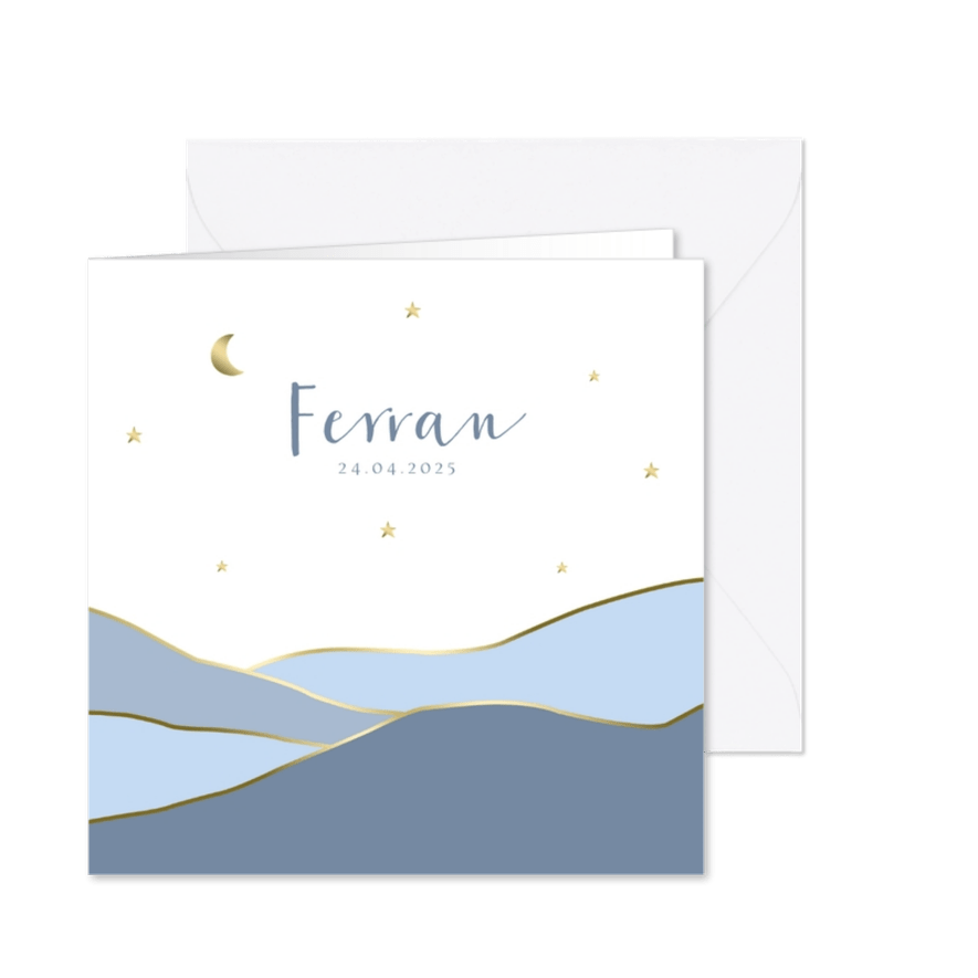 Geboortekaartje sterren maan bergen goudlook jongen - Kaartimpressie