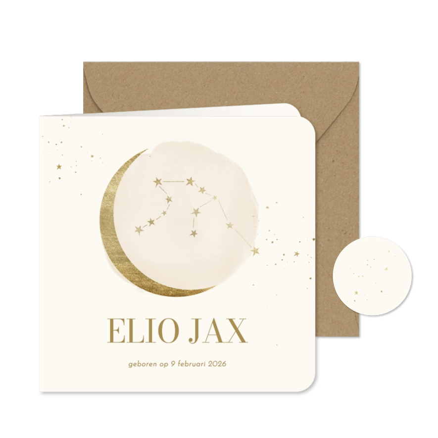Geboortekaartje sterrenbeeld met maan sterren beige waterman - Kaartimpressie
