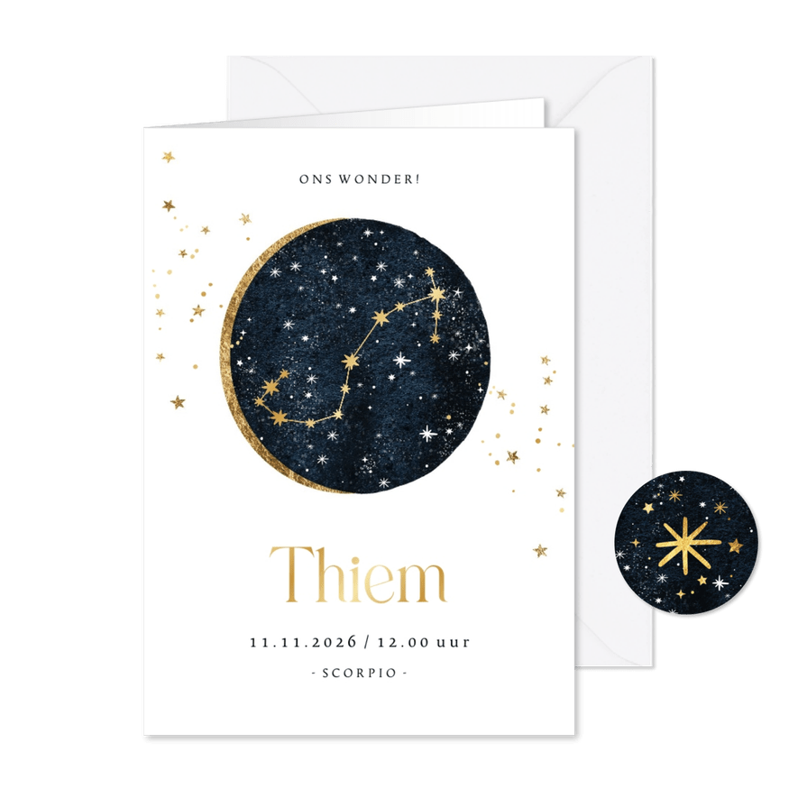 Geboortekaartje sterrenbeeld schorpioen goud maan sterren - Kaartimpressie