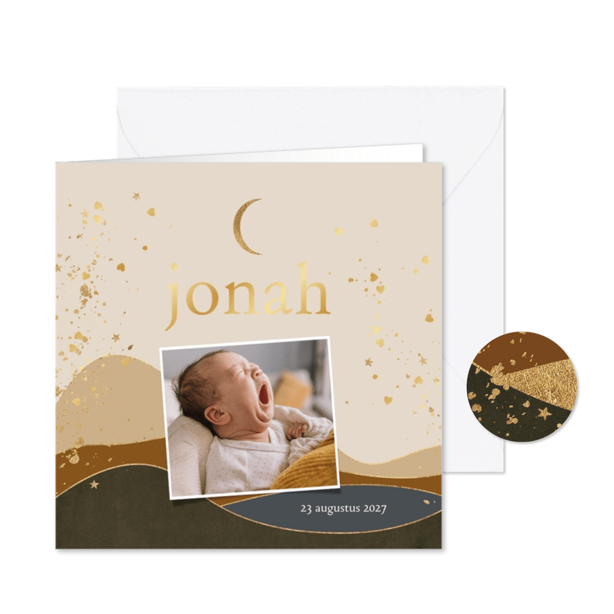 Geboortekaartje stijlvol bergen goudfolie maan foto - Kaartimpressie