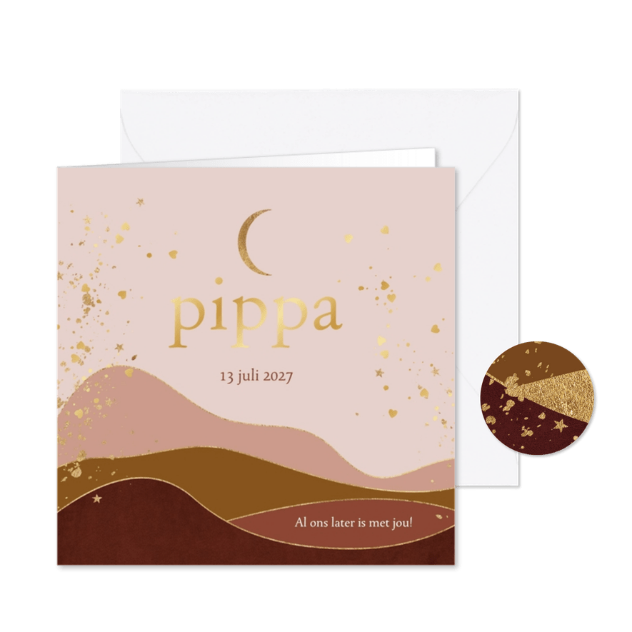 Geboortekaartje stijlvol boho bergen goudfolie hartjes maan - Kaartimpressie