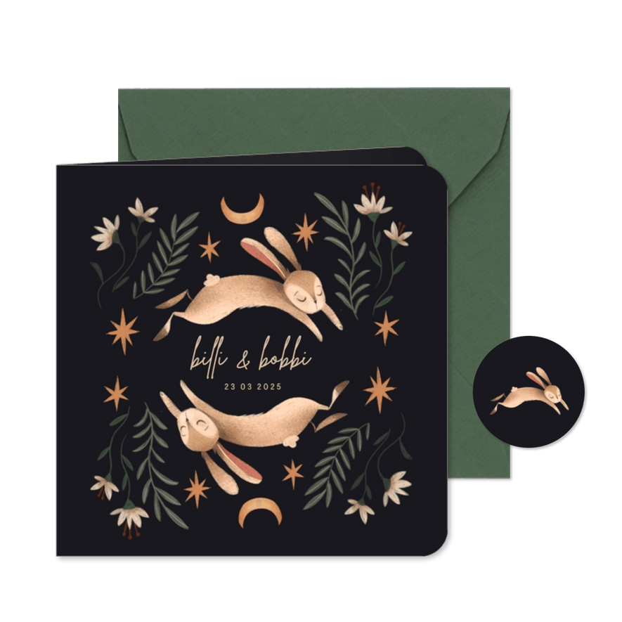 Geboortekaartje stijlvol haasje met bloemen vierkant - Kaartimpressie