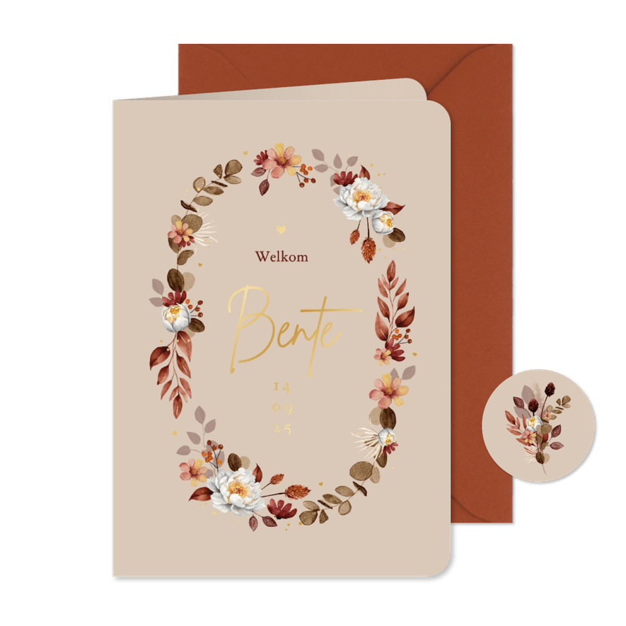 Geboortekaartje stijlvol klassiek bloemen goud hartjes zand - Kaartimpressie