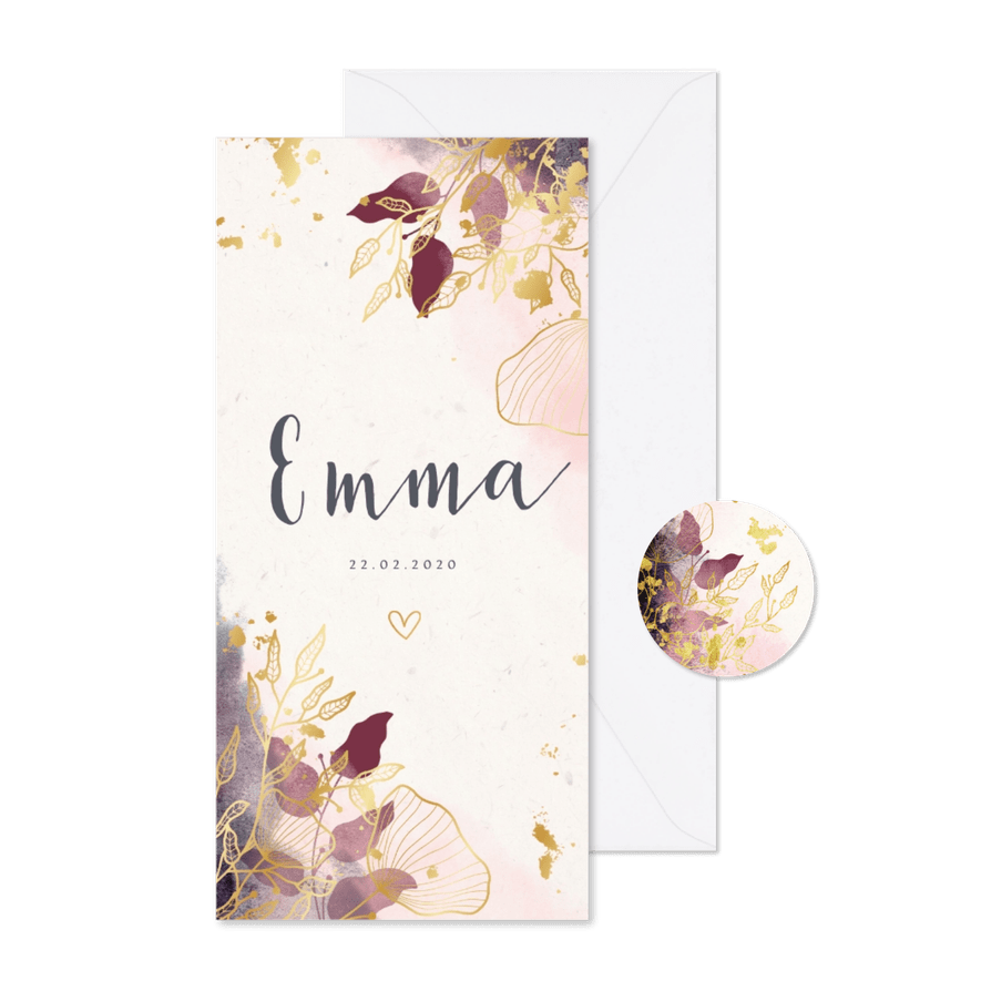 Geboortekaartje stijlvol met waterverf en gouden bloemen - Kaartimpressie
