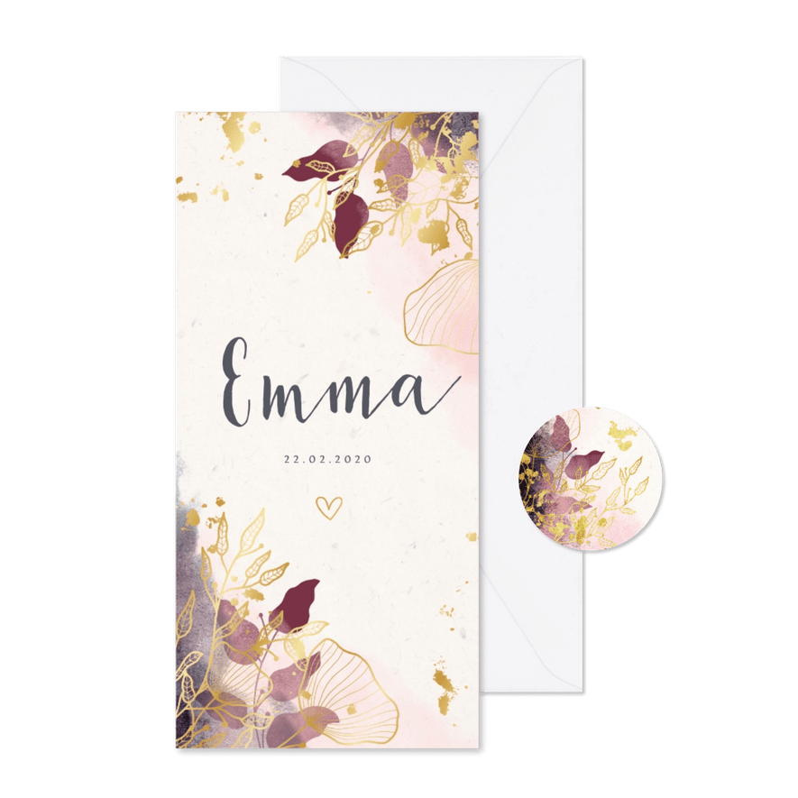 Geboortekaartje stijlvol met waterverf en gouden bloemen - Kaartimpressie