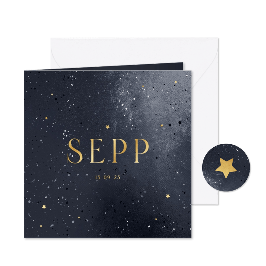 Geboortekaartje stijlvol stoer galaxy waterverf sterren goud - Kaartimpressie