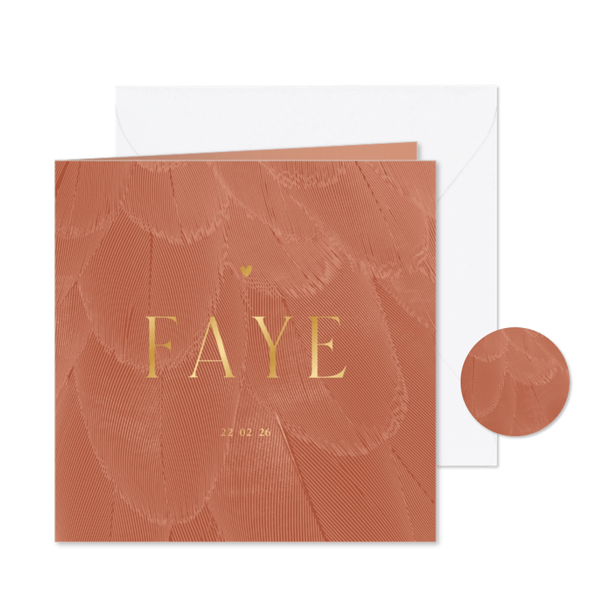 Geboortekaartje stijlvol terra met veren - Kaartimpressie