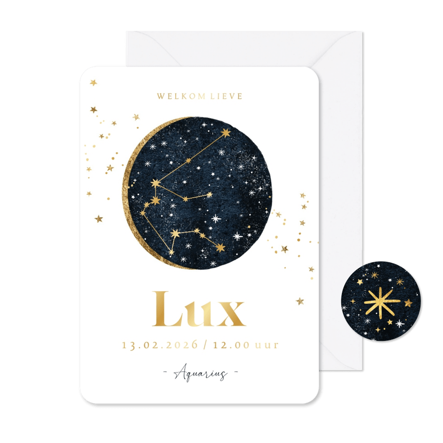 Geboortekaartje stijlvol waterman sterrenbeeld goud maan - Kaartimpressie